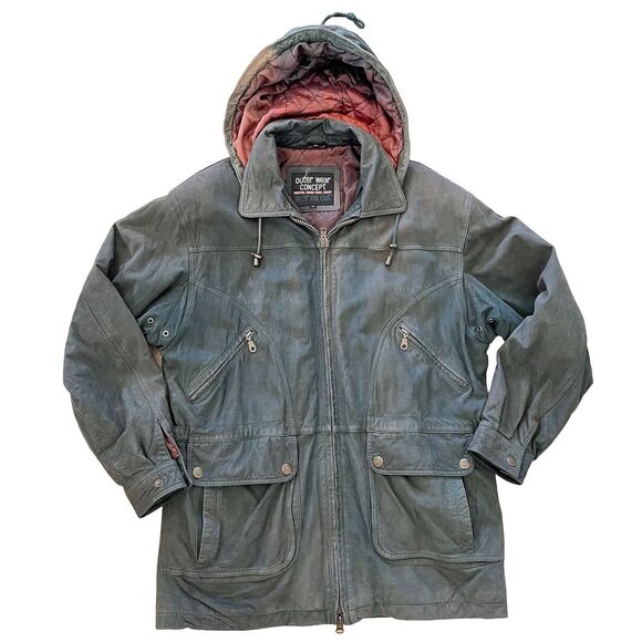 Vintage 80s 90s Grunge 100% Leather Worn Forest Green Heavy Coat Jacket Men's M - Picture 5 of 14